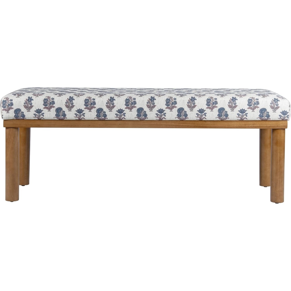 image:imageHomePop 475 Oslo Bench  Chestnut Brown Faux LeatherBlue Floral Pattern